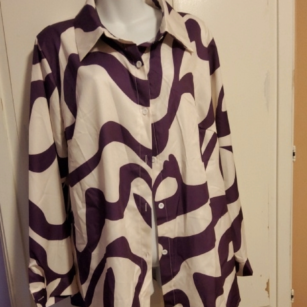 Purple and White Abstract Button-Up Shirt With Match Pants